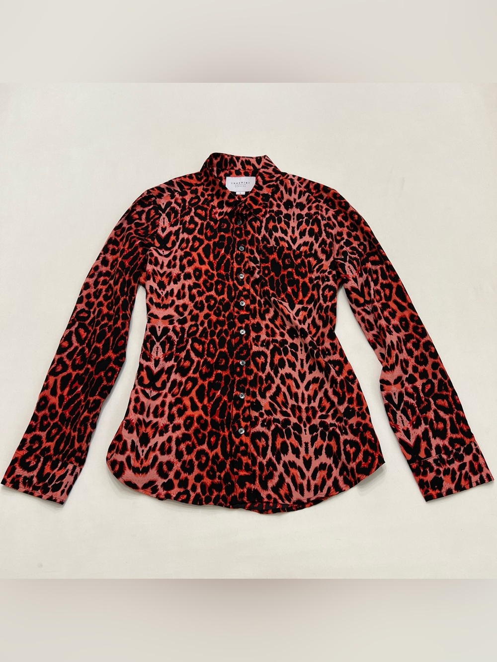 The Shirt by Rochelle Behrens Red/Black Leopard Satin Long Sleeve Button Down